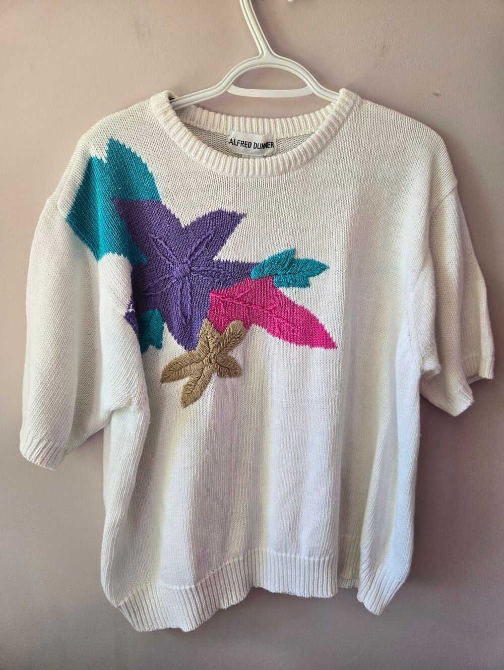VTG Alfred Dunner Embroidered Floral Knit Sweater - White w/ Purple & Teal -